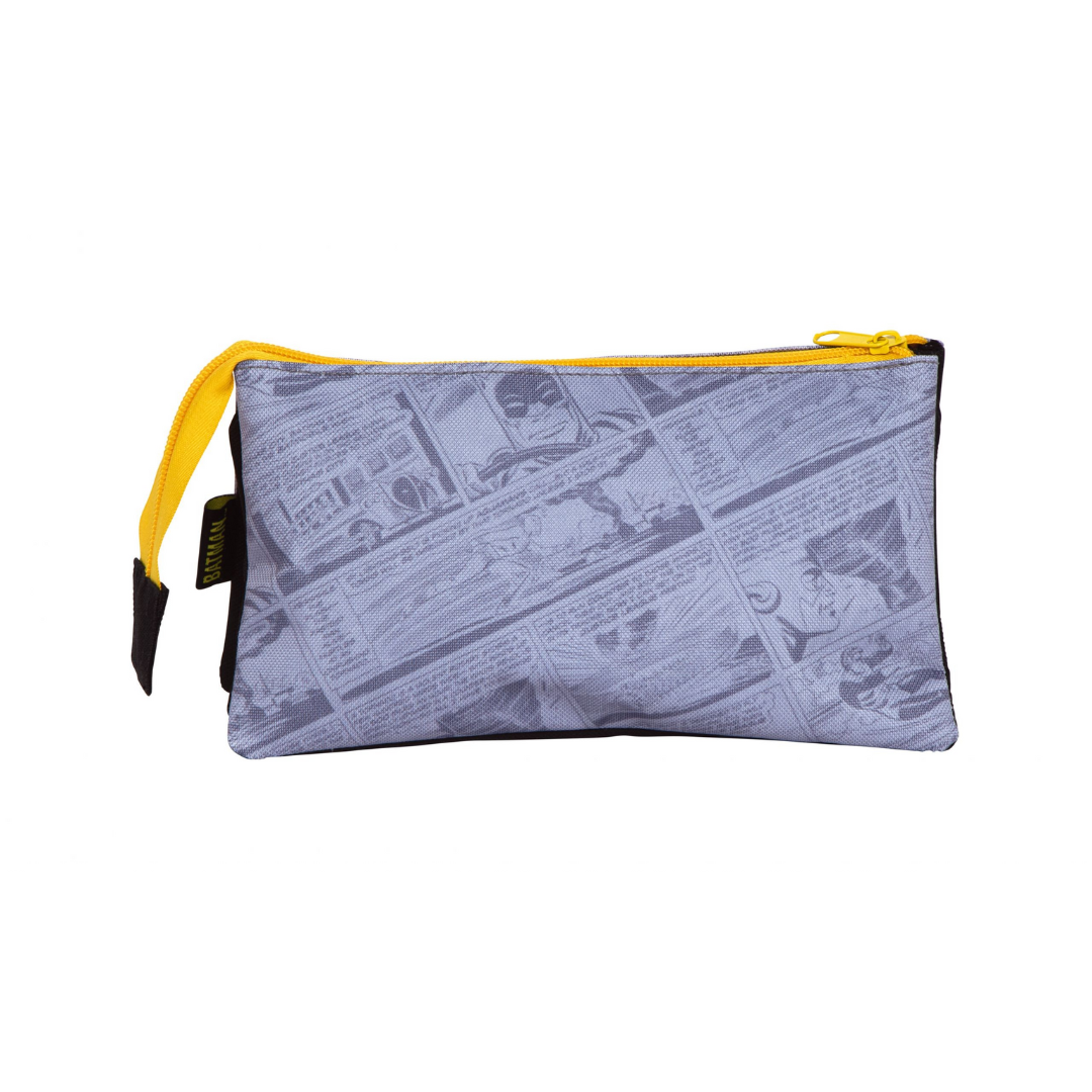 Estojo cinzento com padrão de banda desenhada e fecho amarelo