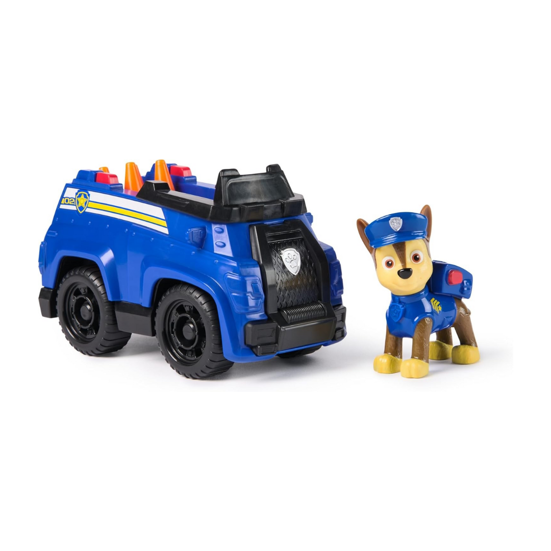 Brinquedo de carrinha da polícia azul com figura de cão vestido de polícia