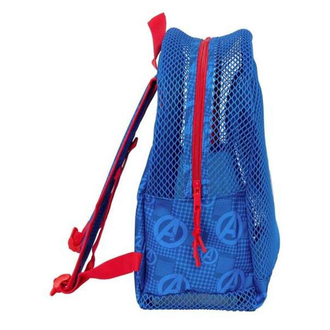 Mochila azul com padrão dos Avengers e fecho éclair vermelho