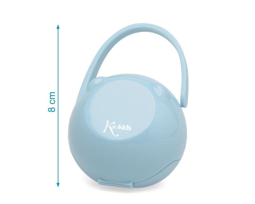 Estojo redondo azul claro com alça e logo Kiokids