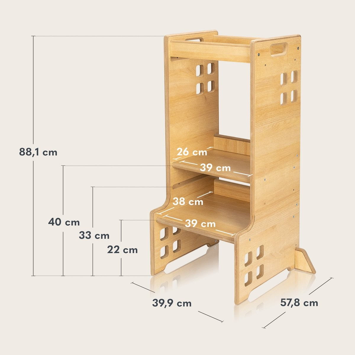 Estrutura de madeira clara para cozinha com recortes quadrados e dimensões para uso e montagem.