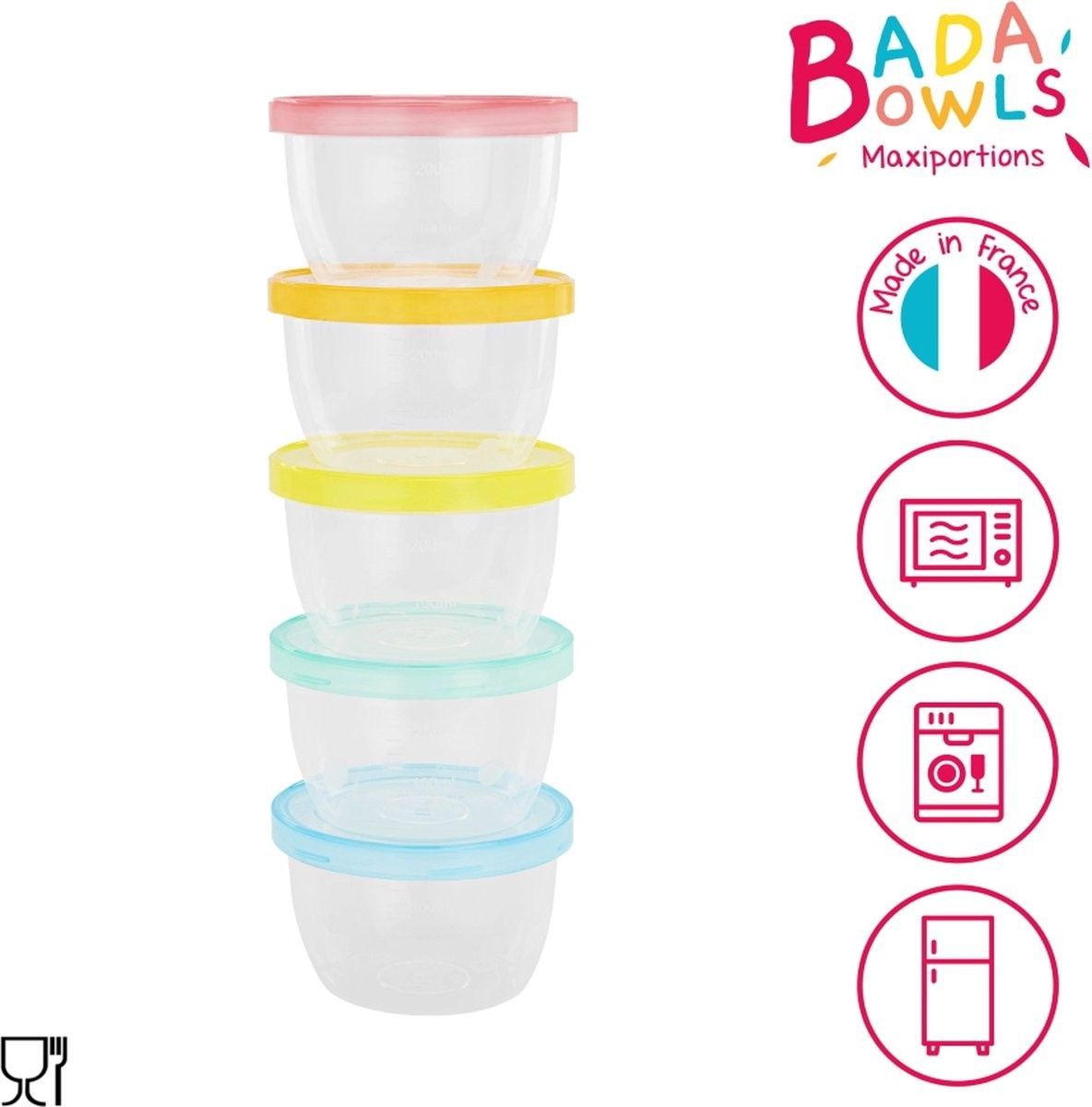 Conjunto de recipientes plásticos transparentes empilhados com tampas coloridas e ícones de uso