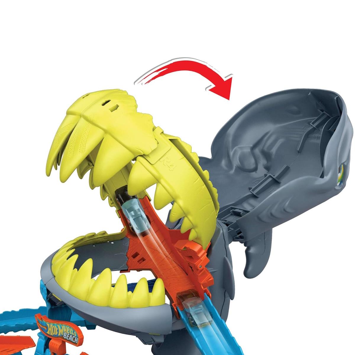 Brinquedo Hot Wheels Beach com rampa azul e boca amarela aberta