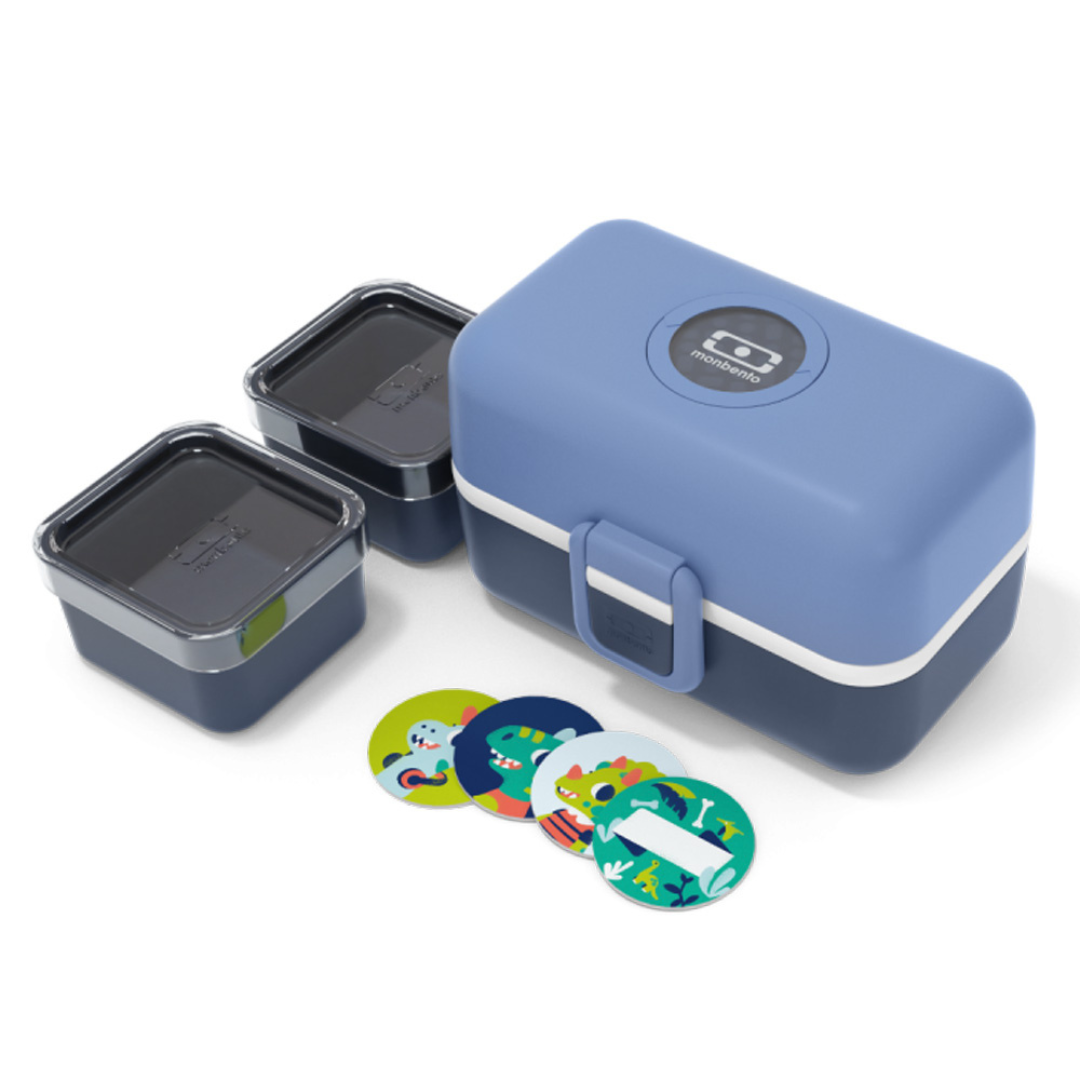 Conjunto de caixas de conservação em plástico azul e etiquetas coloridas