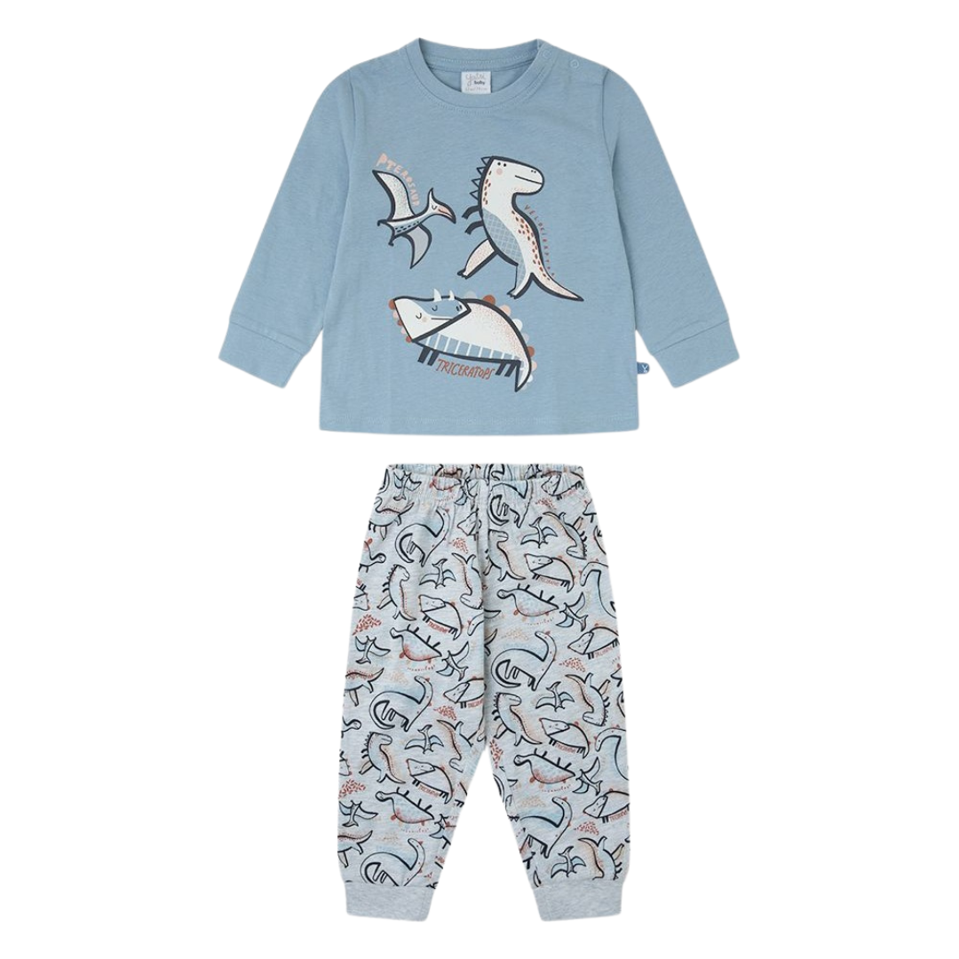 Conjunto de bebé azul e cinzento com estampado de dinossauros.