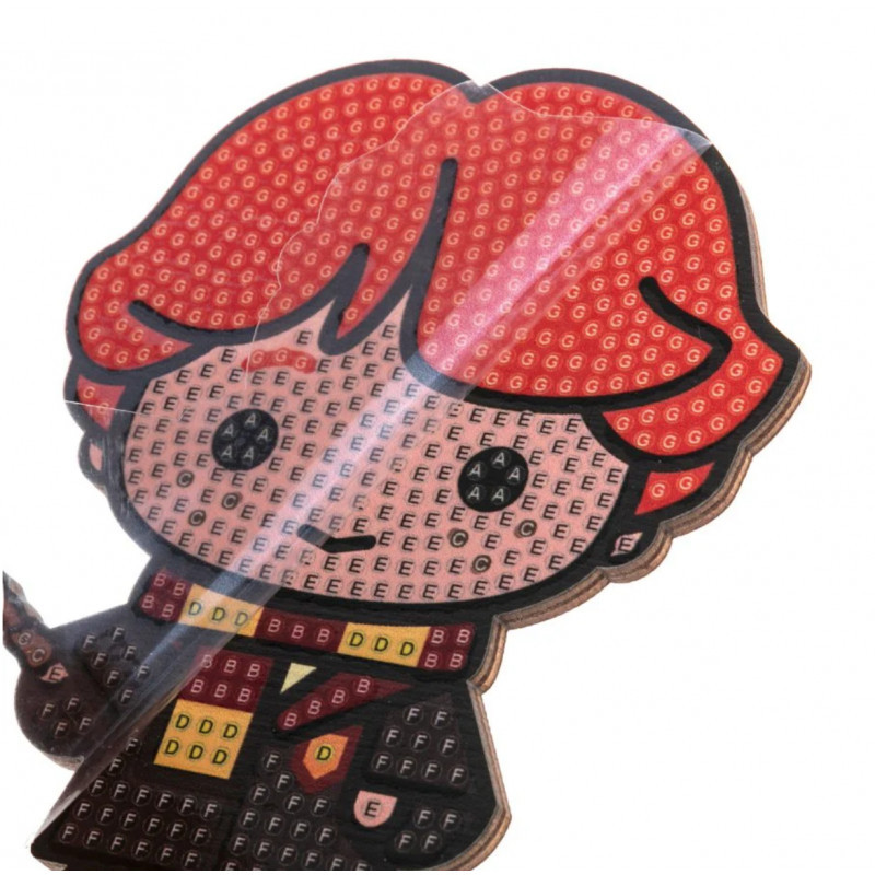 Adesivo puzzle de personagem com cabelo ruivo e padrão de letras coloridas