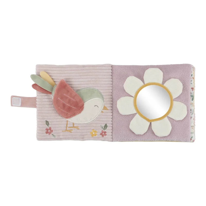 Livro de pano rosa para bebés com pássaro e espelho em forma de flor