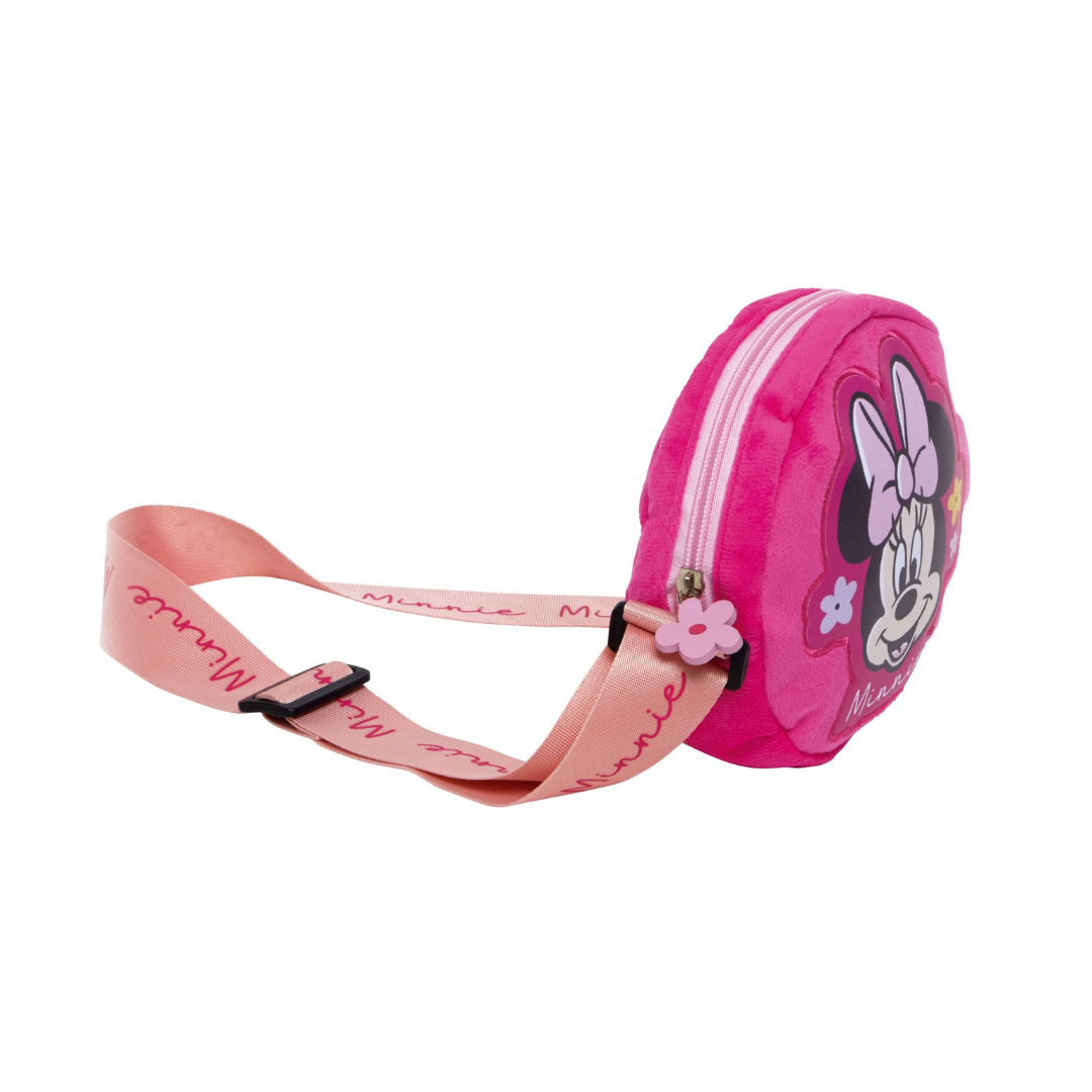Bolsa de cintura rosa com imagem da Minnie Mouse e cintagem ajustável