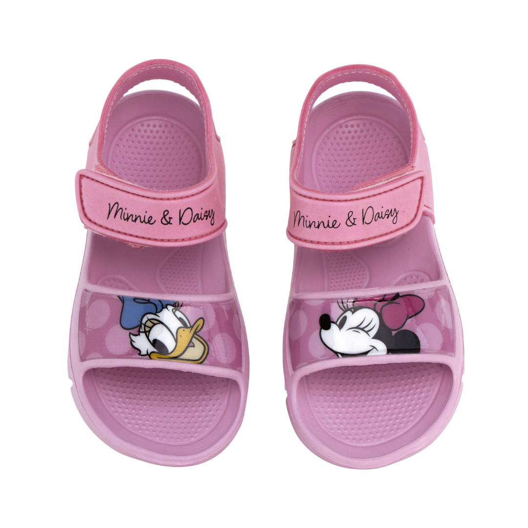Sandálias rosa de criança com velcro e personagens Minnie e Daisy