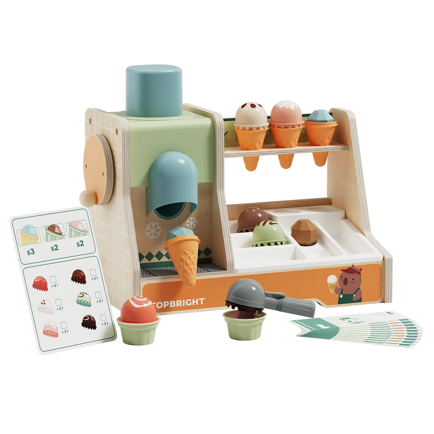 Brinquedo máquina de gelados em madeira com acessórios coloridos e cardápio