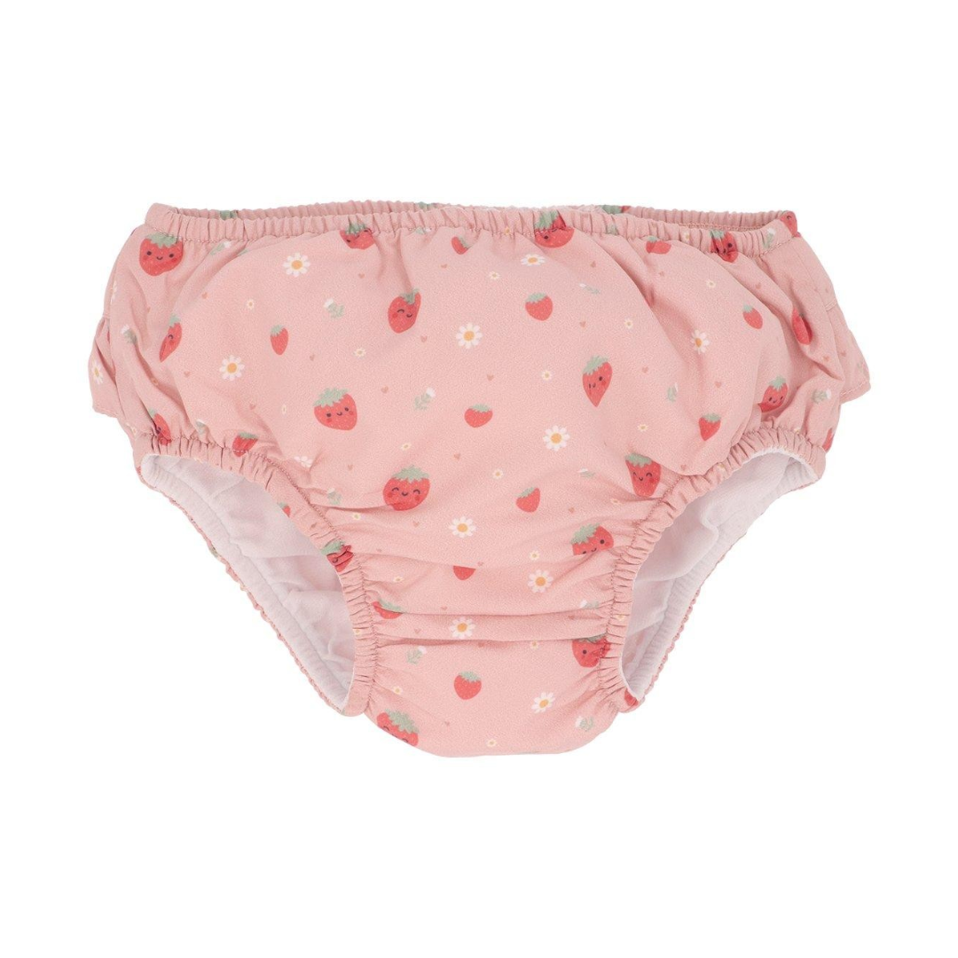 Cueca bebé rosa com estampado de morangos e flores
