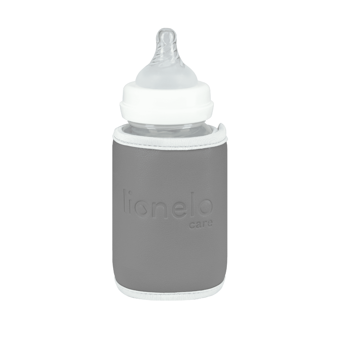 Mamadeira transparente com bico de silicone e capa protetora cinza 'lionelo care'