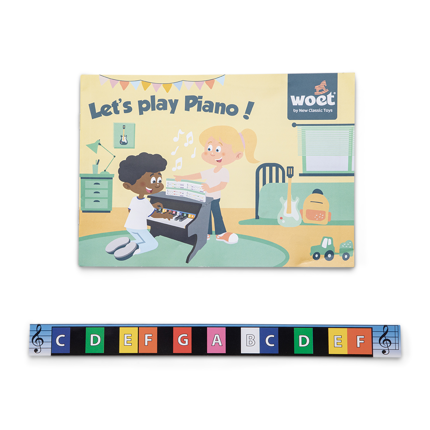 Caixa de brinquedo infantil com temática de piano e notas musicais
