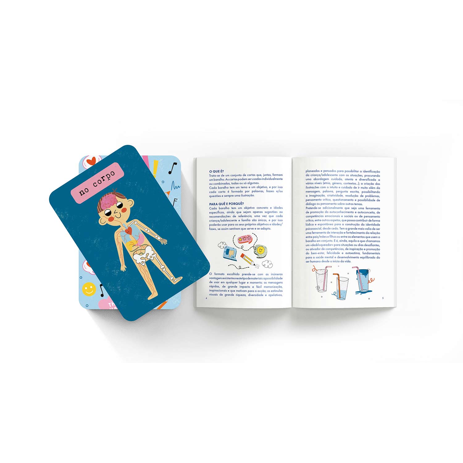 Cartas ilustradas educativas com desenho de corpo humano e texto no corpo com livrinho aberto em fundo branco