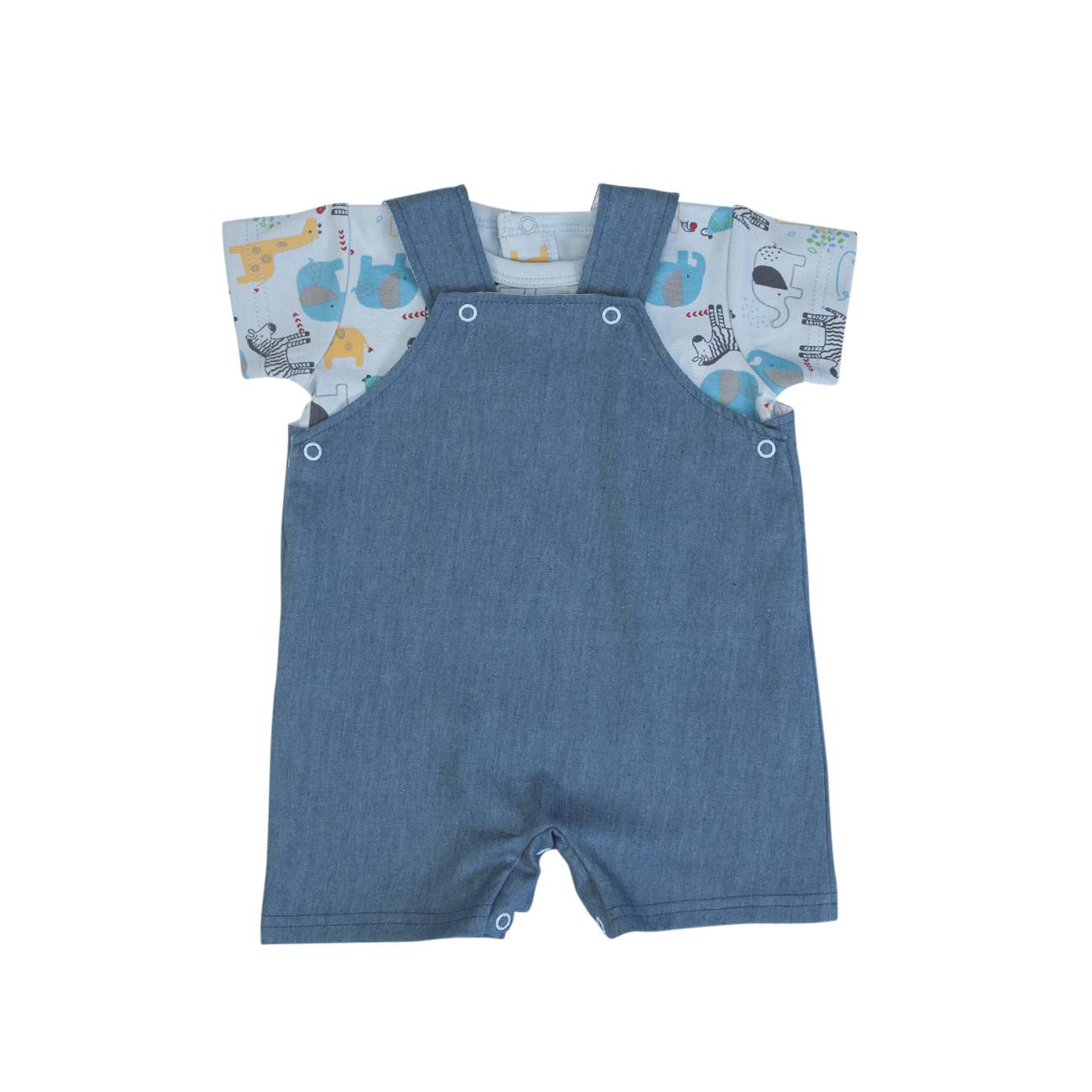 Macacão curto azul com t-shirt branca estampada de animais