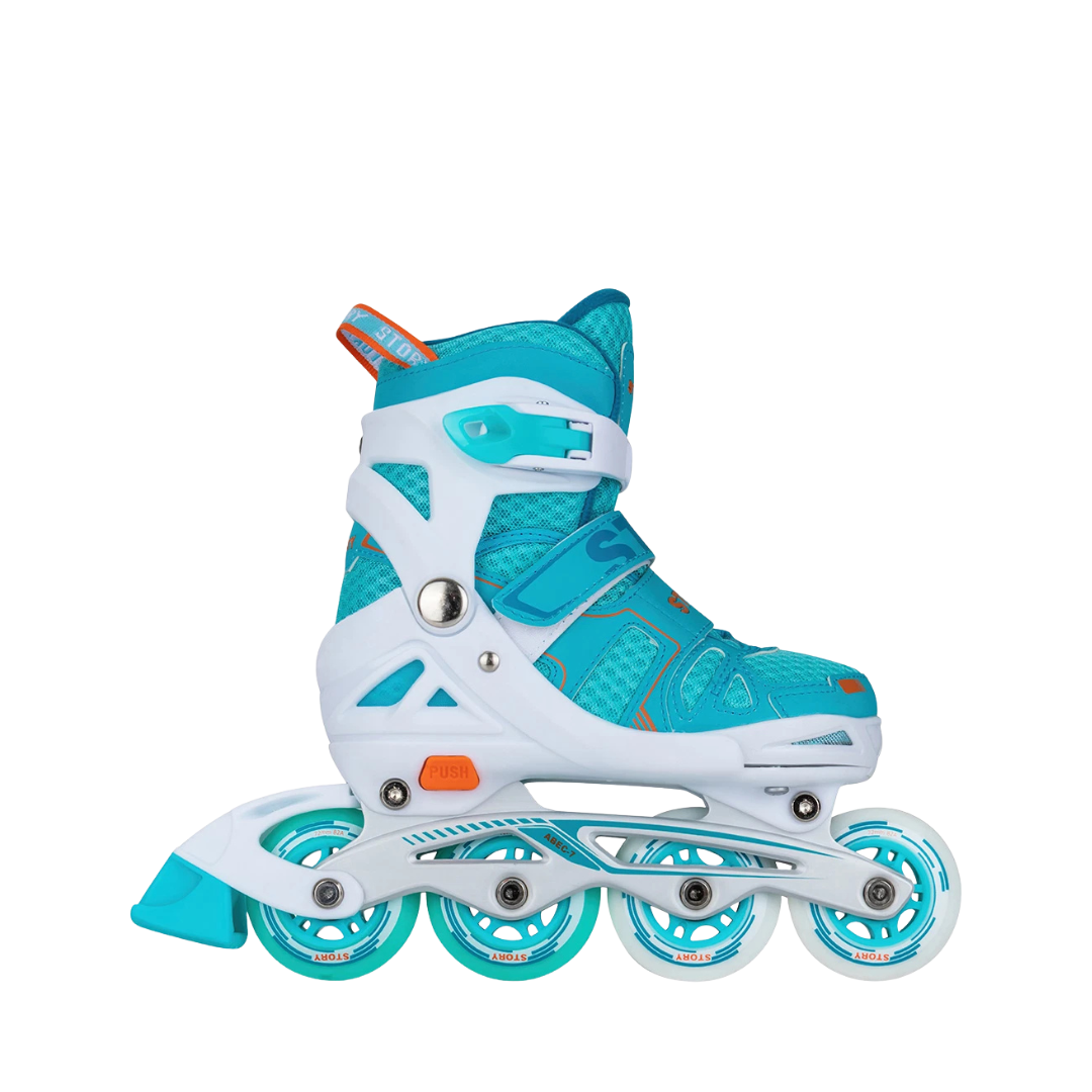 Patins em linha azul, branco e laranja com roda azul translúcida
