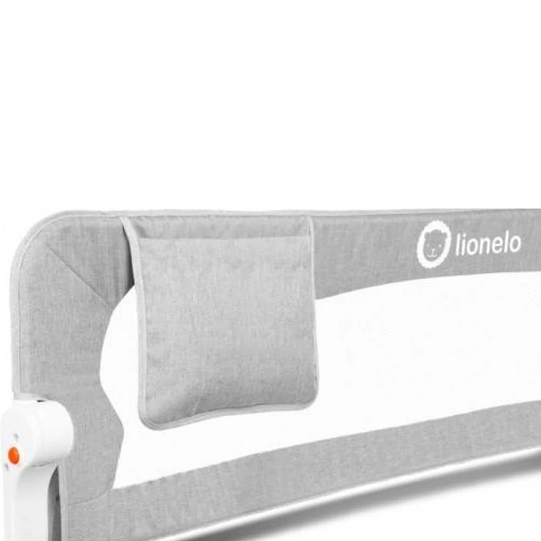 Grade de proteção para cama cinza claro com rede branca e bolso, marca Lionelo