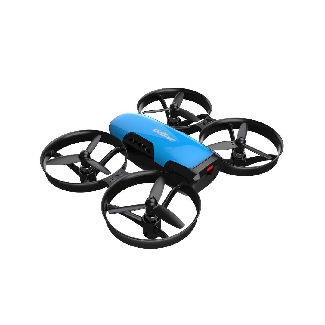 Drone azul e preto com quatro hélices protegidas