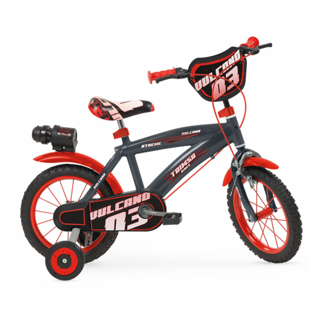 Bicicleta infantil preta e vermelha com rodas de treino e texto VULCANO 03.