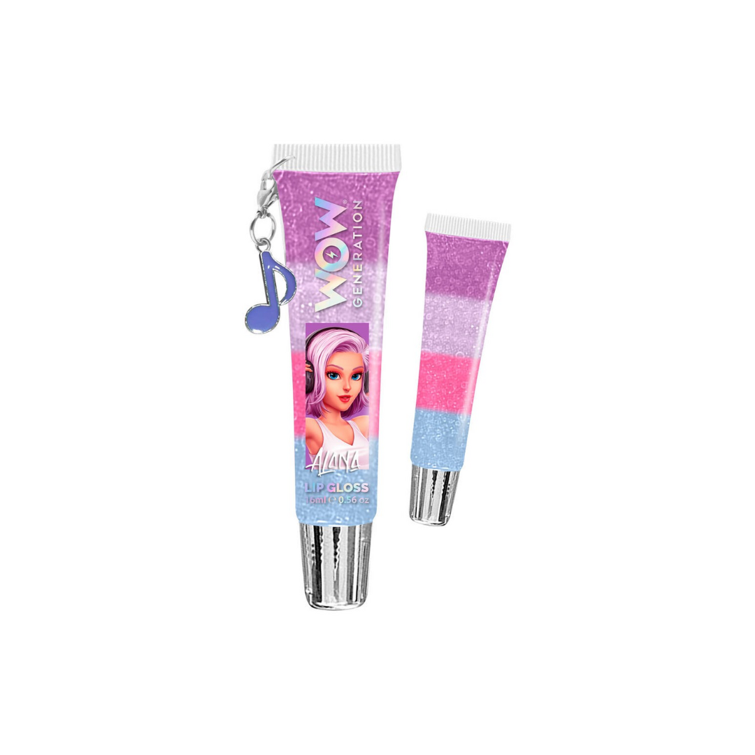 Dois tubos coloridos de gloss labial com tampa prateada e um pendente em forma de nota musical.