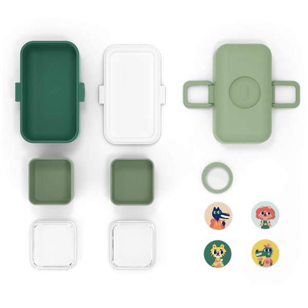 Conjunto de lancheiras verdes e brancas e ímanes decorativos com personagens