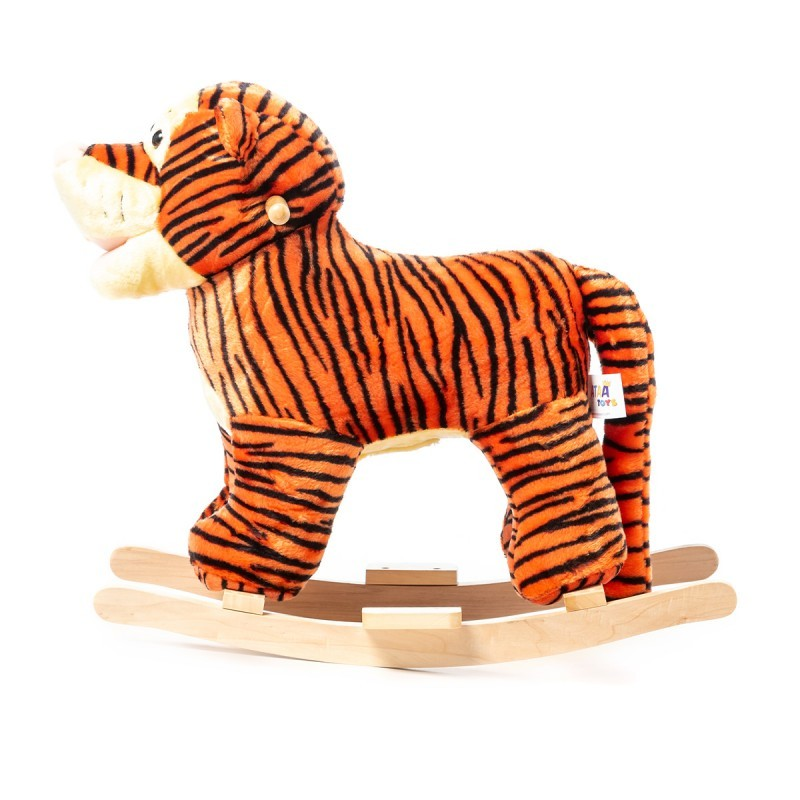Cavalo de baloiço em peluche com padrão de tigre às riscas laranja e preto