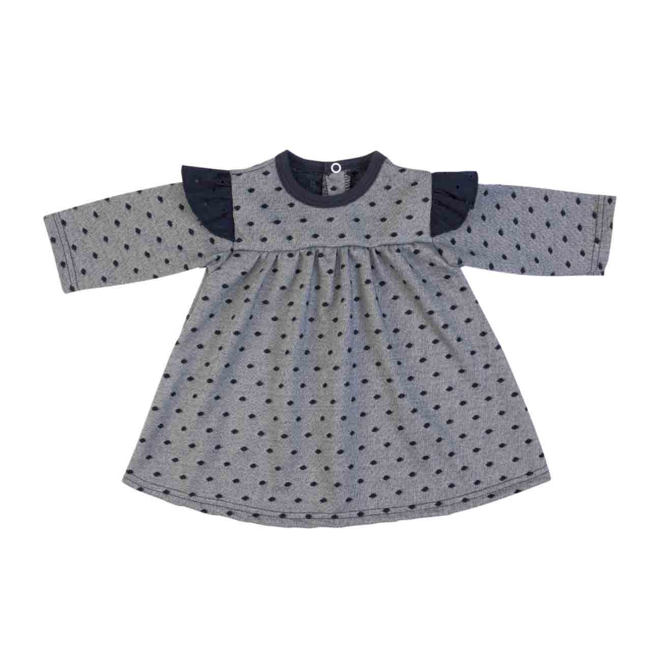 Vestido de bebé cinzento com padrão de pontos e folhos azuis