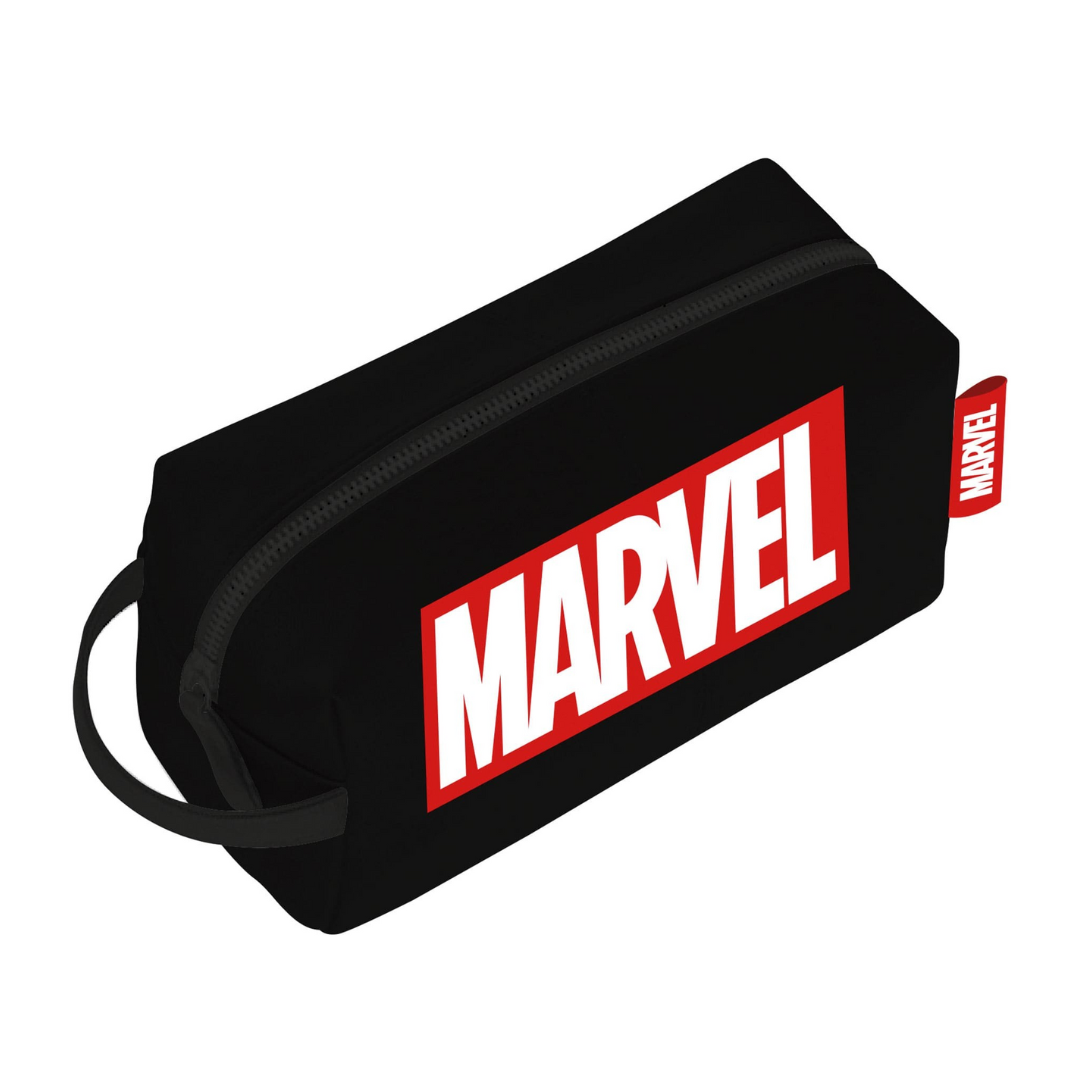 Necessaire preta com logótipo MARVEL branco sobre fundo vermelho
