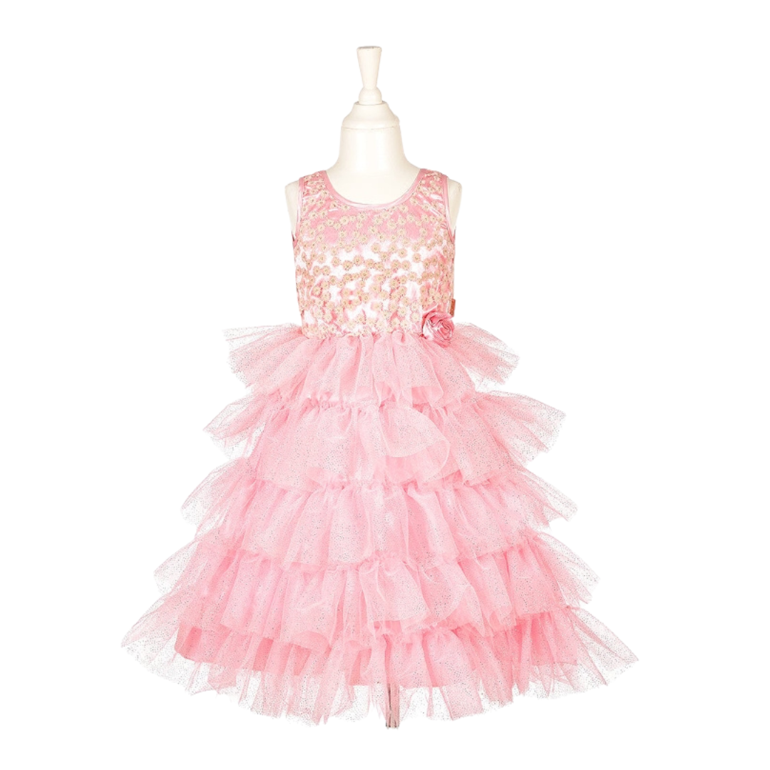 Vestido rosa de criança com flores douradas e saia de tule com brilho em varias camadas