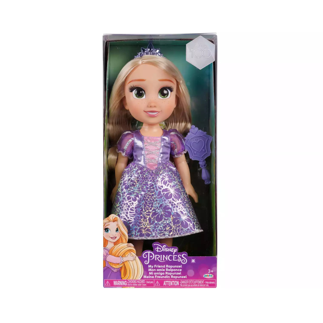 Boneca Disney Princess Rapunzel com vestido roxo e tiara em embalagem