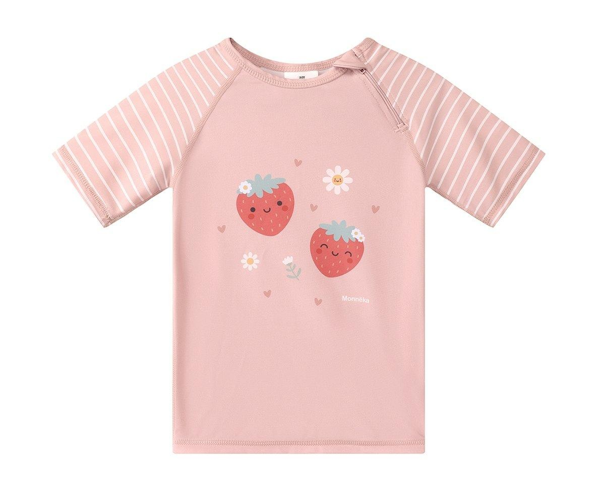 T-shirt rosa com mangas às riscas e estampa de morangos sorridentes