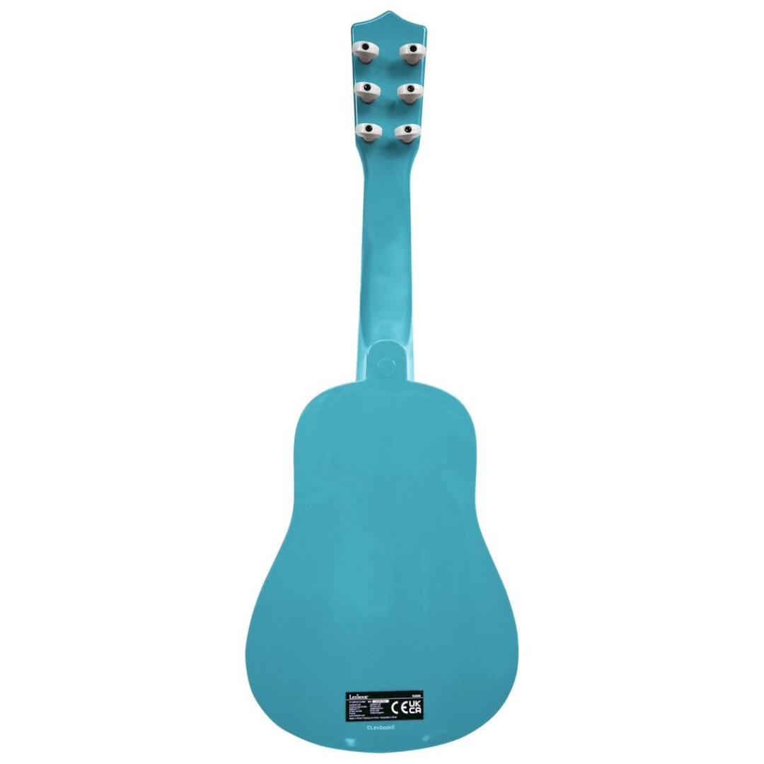 Ukulele azul visto pelo verso com cravelhas brancas e etiqueta preta