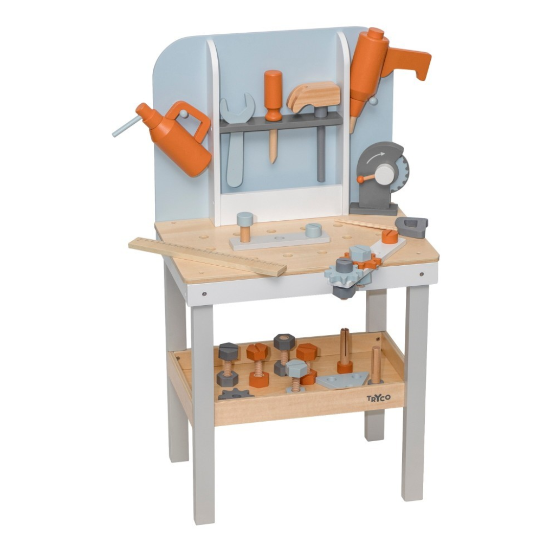 Banco de trabalho infantil de madeira com ferramentas de brinquedo em tons de laranja e cinza