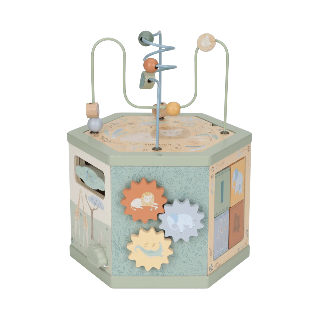 Brinquedo infantil de madeira hexagonal com labirinto de contas e engrenagens coloridas