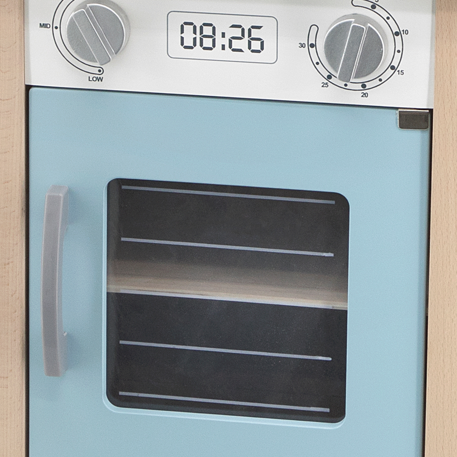 Forno de brinquedo azul com visor digital e botões cinza