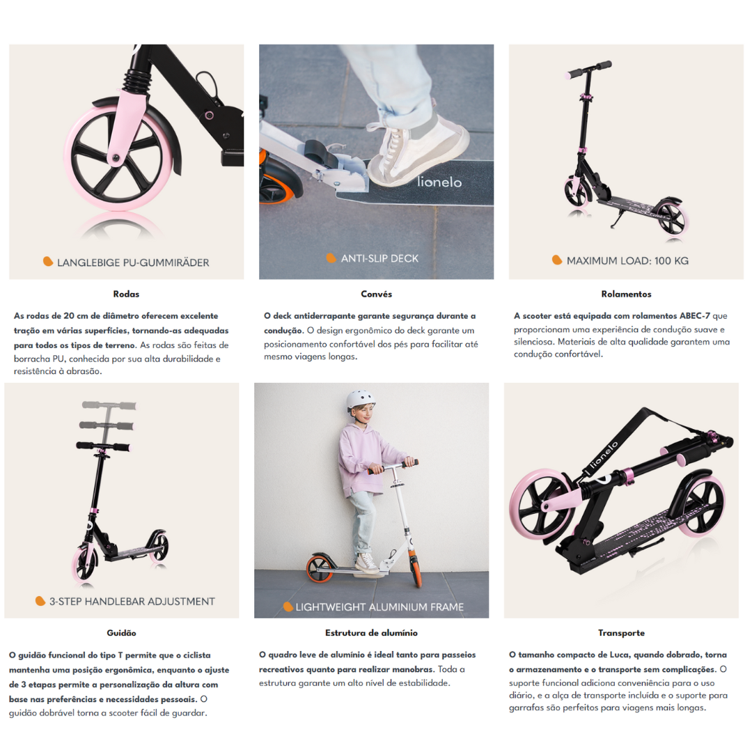 Patinete elétrico preto e rosa com rodas grandes, deck antiderrapante e guiador ajustável