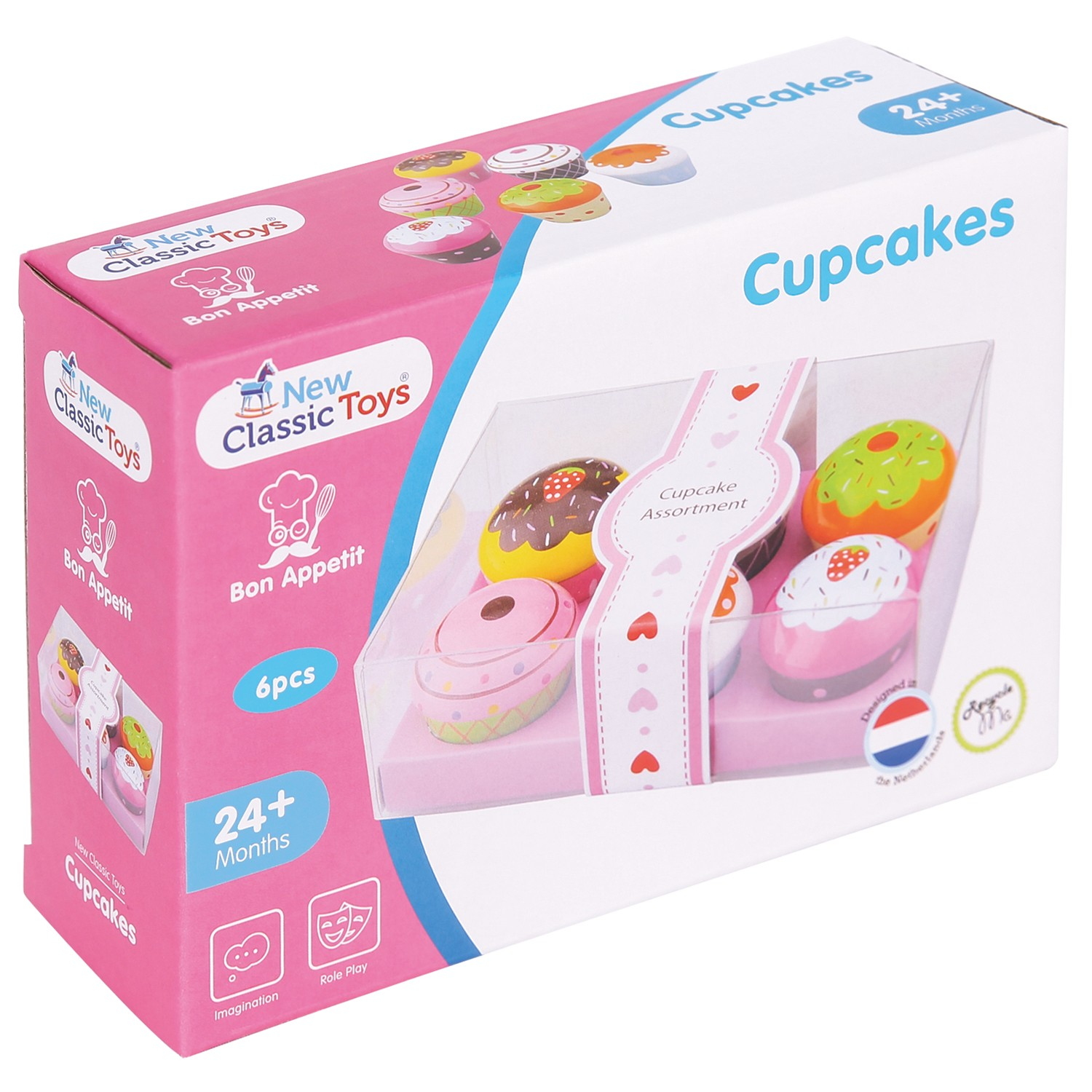 Caixa rosa e branca com 6 cupcakes de brinquedo coloridos em madeira.