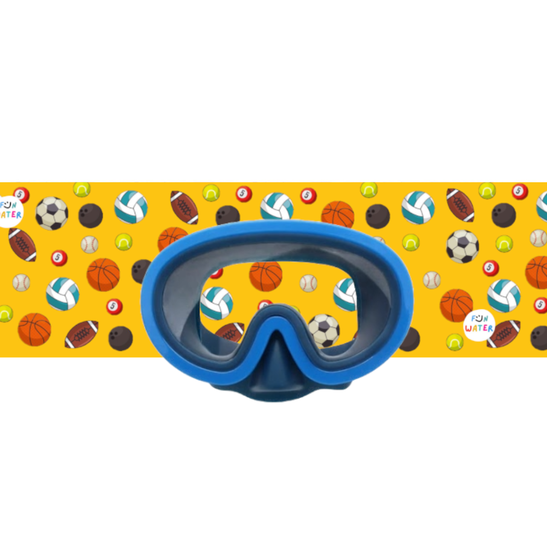 Máscara de mergulho azul com fundo amarelo e bolas desportivas
