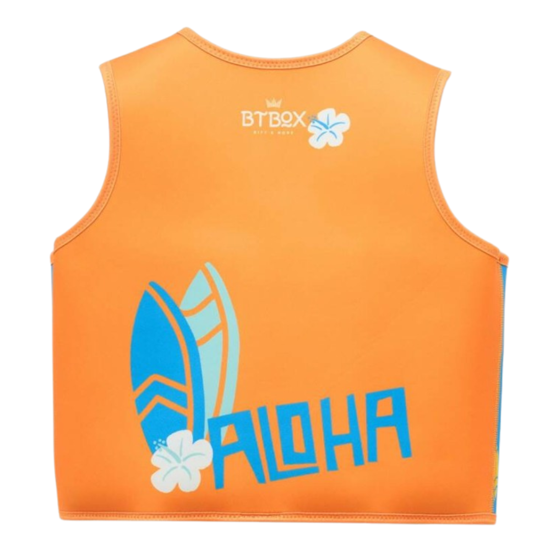colete laranja com estampado de pranchas de surf e texto ALOHA