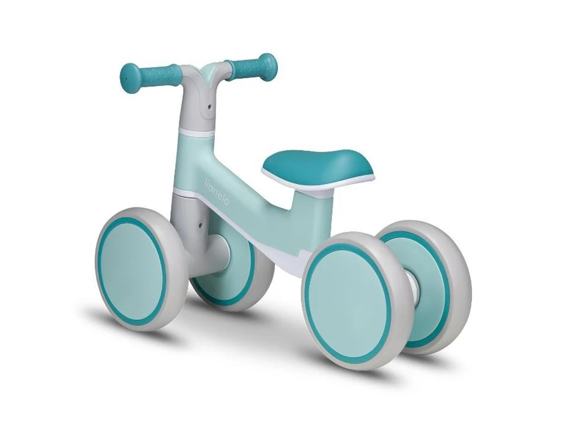 Bicicleta de equilíbrio infantil azul-turquesa e branco com quatro rodas largas