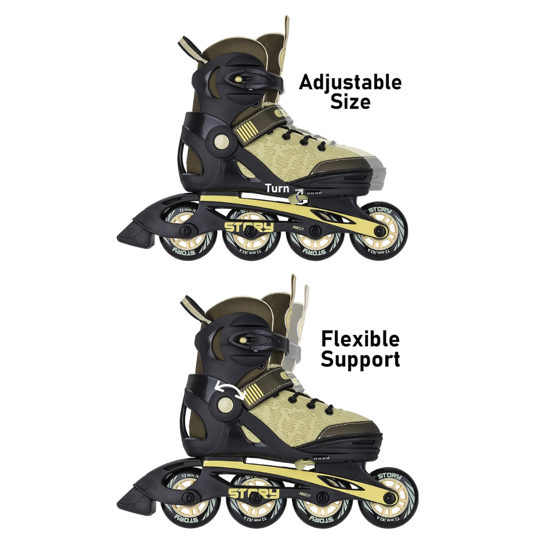 Patins inline preto e amarelo com texto e ajustes visíveis