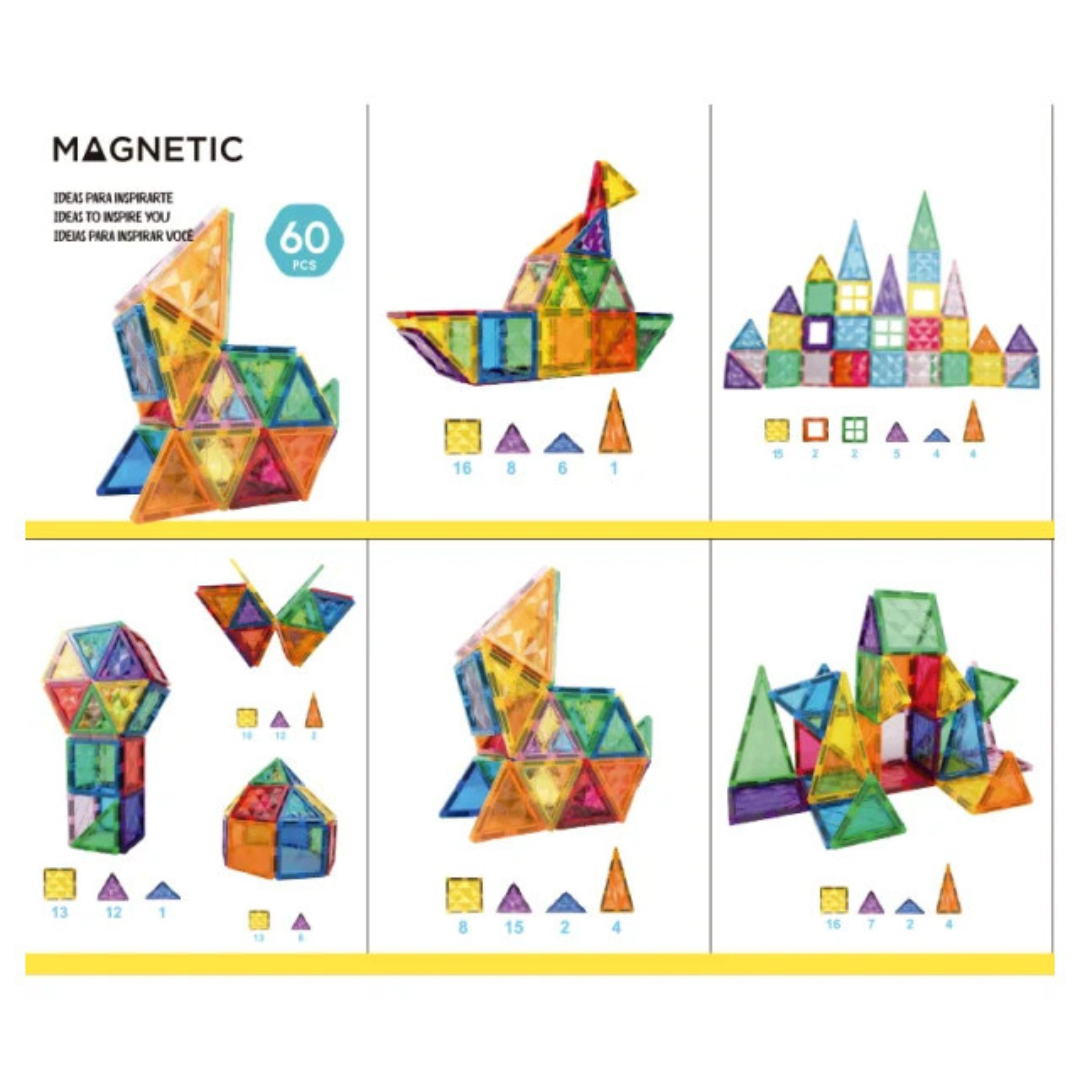 Peças magnéticas geométricas coloridas e construções variadas