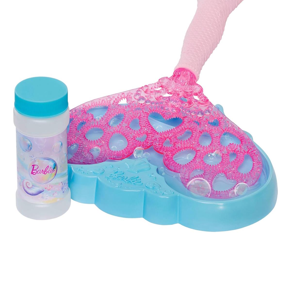 Jogo de bolhas de sabão Barbie com dispensador rosa e bandeja azul.