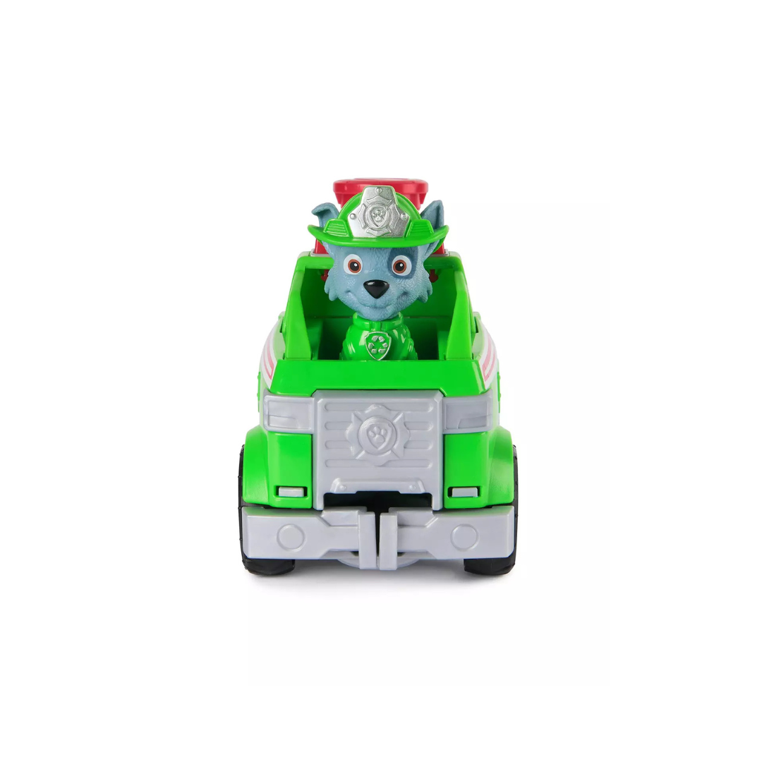 Brinquedo carrinha verde com figura de cão cinzento de chapéu verde