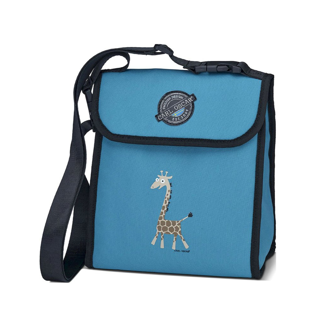 Mala azul com estampa de girafa e alça preta