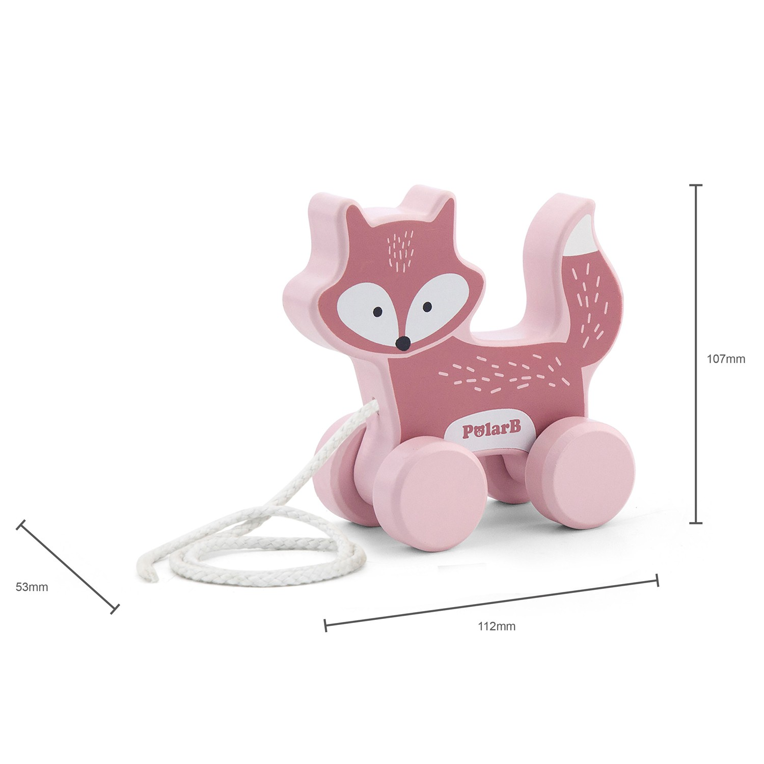 Brinquedo de puxar raposa cor-de-rosa em madeira com corda branca