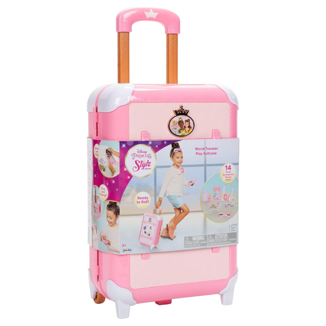 Mala de viagem infantil rosa e branca com pega telescópica e emblema princesas Disney