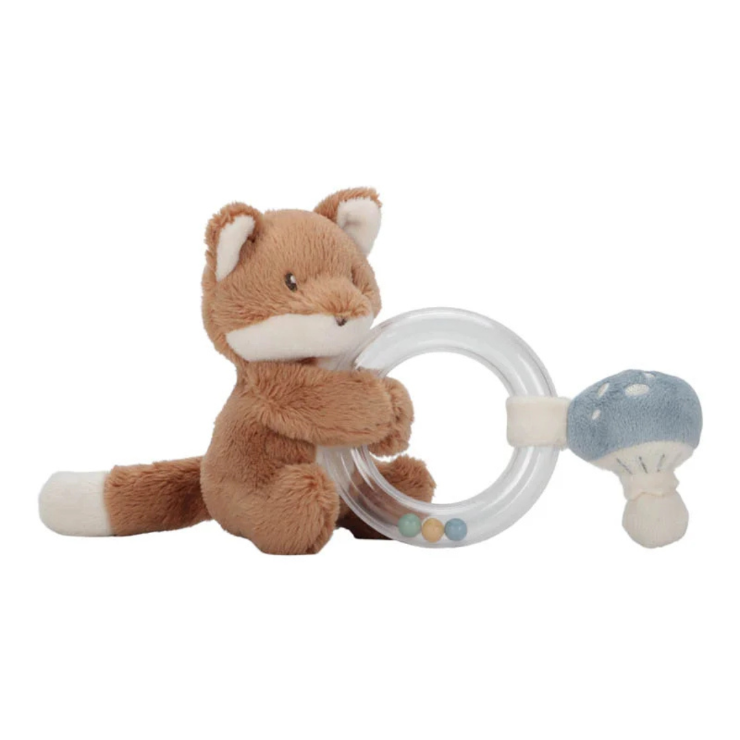 Brinquedo peluche de raposa com anel transparente e cogumelo azul