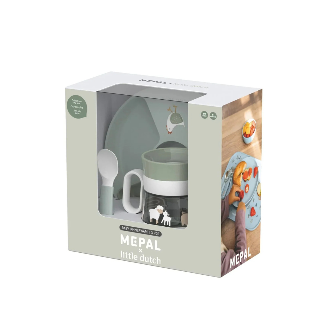 Conjunto de três peças de loiça para bebé com desenhos de animais em embalagem.