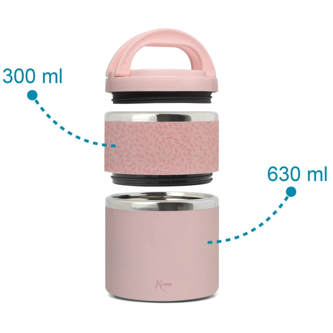 Recipiente térmico rosa com tampa e capacidade marcada em 300 ml e 630 ml